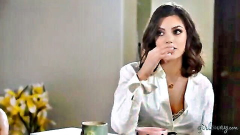 Vanessa Veracruz seductive pose in white blouse with cleavage