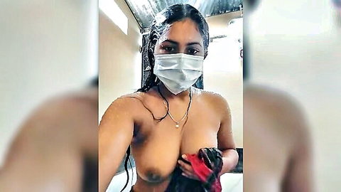 Dipa Rani topless wet shower selfie with mask