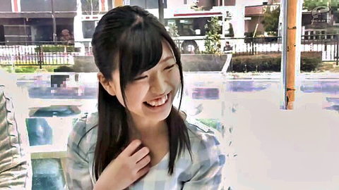 Smiling Japanese woman in checkered blouse, happy expression in amateur couple JAV thumbnail