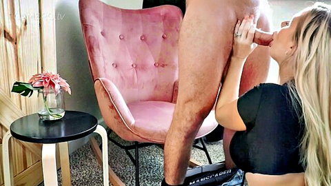 Blonde babe deepthroats massive cock in intense homemade blowjob