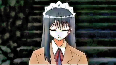 Anime schoolgirl in uniform with frilly headband, long black hair