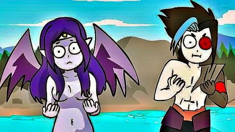 League of Legends hentai: nude purple elf girl with wings and shirtless white-haired guy surprised