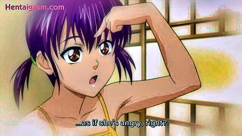Surprised purple-haired anime girl flexing arm in uncensored hentai