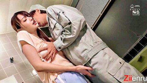 Asian housewife passionately kissed by plumber, hand in her pants in bathroom