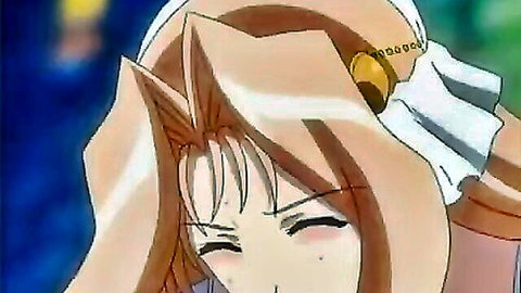 Cute blonde anime catgirl with bell ears smiling seductively with blushing cheeks