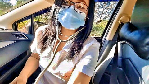Sexy Filipino nurse in mask flashes deep cleavage in taxi car selfie