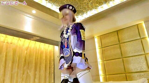 Cosplay babe in purple outfit inserts black dildo deep into wet pussy