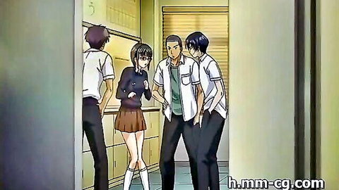 Anime Japanese schoolgirl with glasses in short skirt surrounded by three boys in classroom