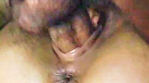 Close-up of naughty babe's exposed pussy and ass, hairy and spread wide