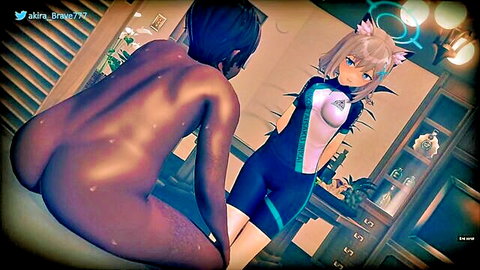 Anime foxgirl in skintight bodysuit teases nude ebony woman from behind