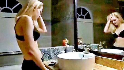 Blonde MILF in black bra, emotional bathroom mirror scene