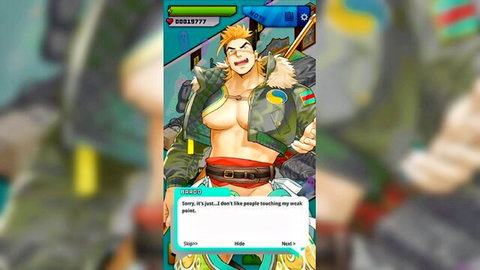 Muscular blonde hentai hunk in open camo jacket touching penis intimately
