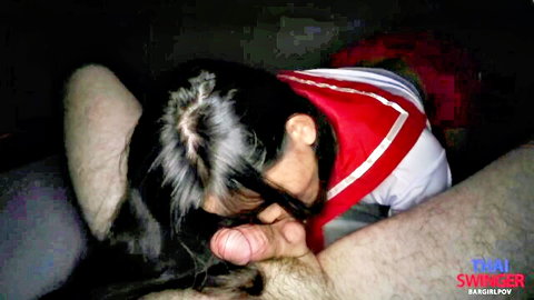 Thai mature cheerleader sucking thick cock POV on couch