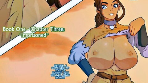 Busty tan-skinned cartoon babe exposes massive bare tits ripping open tribal top in comic parody
