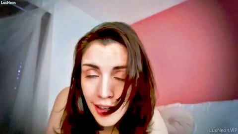 Lux Neon brunette beauty in seductive close-up tease, fan fantasy vibe