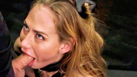 Blonde BDSM submissive deepthroats big white cock with collar