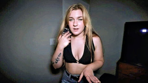 JayBbGirl blonde tattooed babe in black bralette and jeans, seductive pose