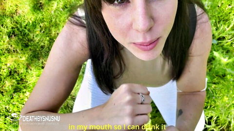 POV closeup of brunette babe outdoors begging 'cum in my mouth so I can drink it' with open lips tease