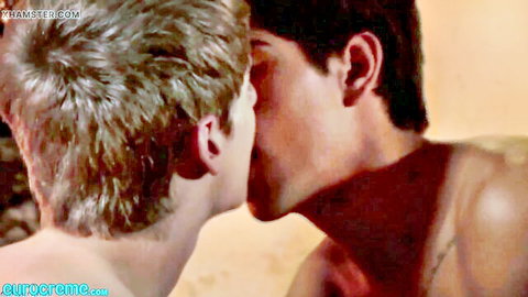 Lyle Boyce and twink passionately kissing shirtless in amateur gay romance