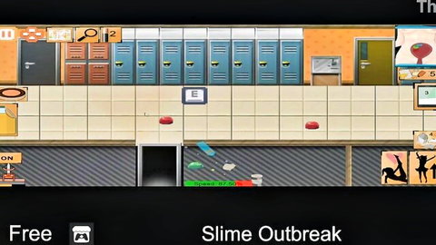 Pixel art screenshot of Slime Outbreak survival game in school hallway with green goo