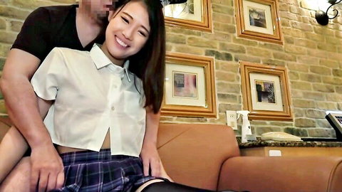 Natsushiro Maya Japanese college girl in school uniform on lap, smiling seductively