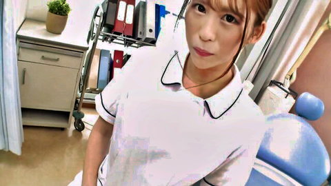 Nako Nagase as lewd female dentist in tight white uniform, seductive gaze