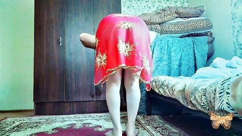 Crossdresser_kitty in short red embroidered dress, white stockings, posing bent over from behind