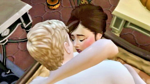 Shy girl passionately kissing muscular hunk from behind in Sims XXX creampie scene by StricklyDickly82