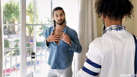 Tony Genius and Noah Asli in teasing gay encounter, open shirt revealing chest