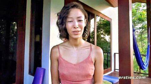 Amateur Kira in pink tank top solo masturbation with dildo vibrator
