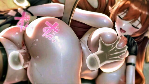 Glossy orange-haired hentai slut with huge tits groped and ass stamped meat toilet gets wet pussy fucked doggystyle
