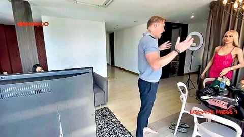 Skinny pretty tgirl with large penis in red screws customer HD
