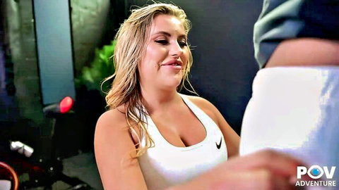 Emily Blake smiling up in POV during steamy gym workout sex