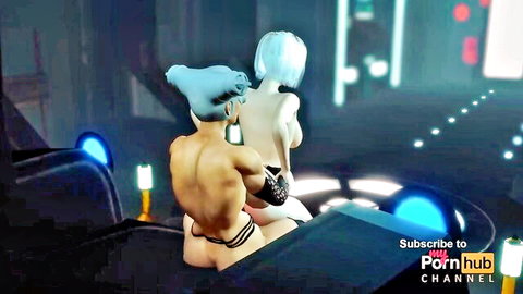 Sci-fi couple in explicit strap-on lingerie scene with muscular man and white-haired beauty
