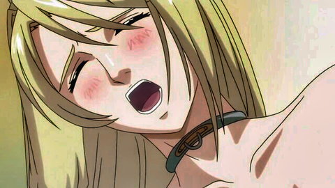Blonde hentai girl ahegao face with tongue out, tears, blush, wearing BDSM collar in ecstasy