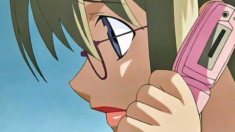Hentai anime girl with glasses and big eyes holding pink phone to ear