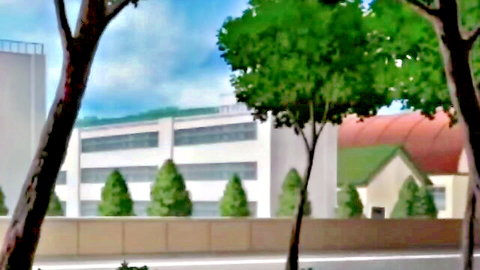 Anime-style outdoor school campus scene with buildings and trees