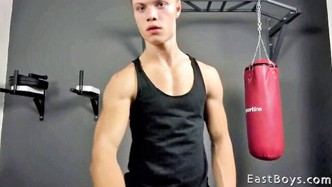Leo Jonasson muscular audition in black tank top, flexing in gym