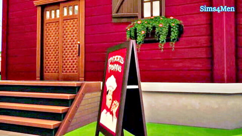 Red Pizza Popps shop exterior with chef sign in Sims4Men 3D CGI render