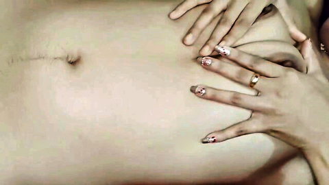 MILF's c-section scarred belly spread by manicured hands with wedding ring