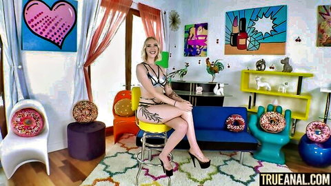Blonde Marilyn Johnson in sheer white lingerie, teasing anal desires