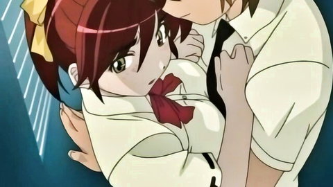 Redhead anime schoolgirl in tight uniform hugged intimately from behind by boy in hallway.
