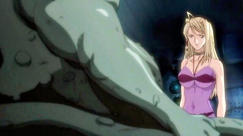 Busty blonde catgirl in purple bikini teased by massive green monster arm in dark hentai dungeon