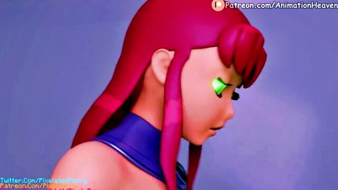 Animated Starfire close-up in purple outfit, red hair green eyes