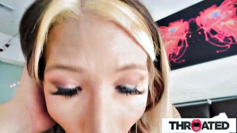 Blonde babe with heavy makeup takes deep throat cock POV hand gripping neck
