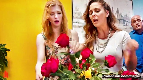 Redhead and brunette MILFs holding roses in training stepdaughters scene