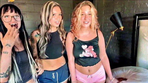 Lena Love and friends Ky Fenixx, Cassie2Sassy in sexy crop tops and shorts teasing