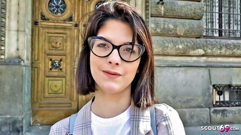 Sara Bell cute college girl in glasses at German street casting