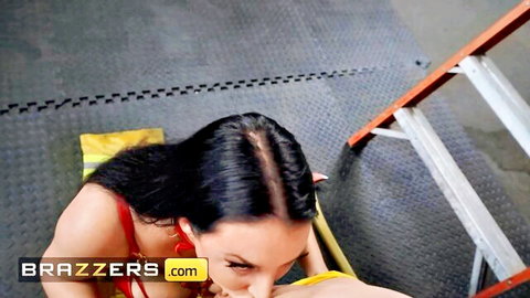 Brunette babe with huge tits and big ass bends over ladder in tight yellow outfit POV