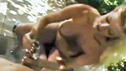 Blonde Brooke topless giving harsh handjob and cumshot outdoors